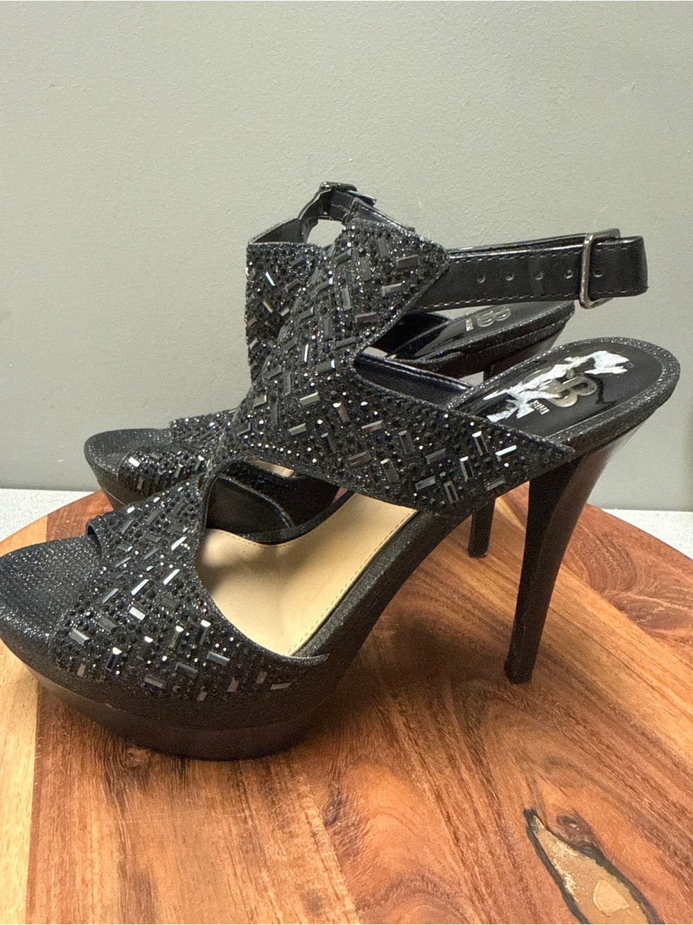 Gianni Bini Black Glitter Rhinestone Platform Sandals Stiletto Heels 9M